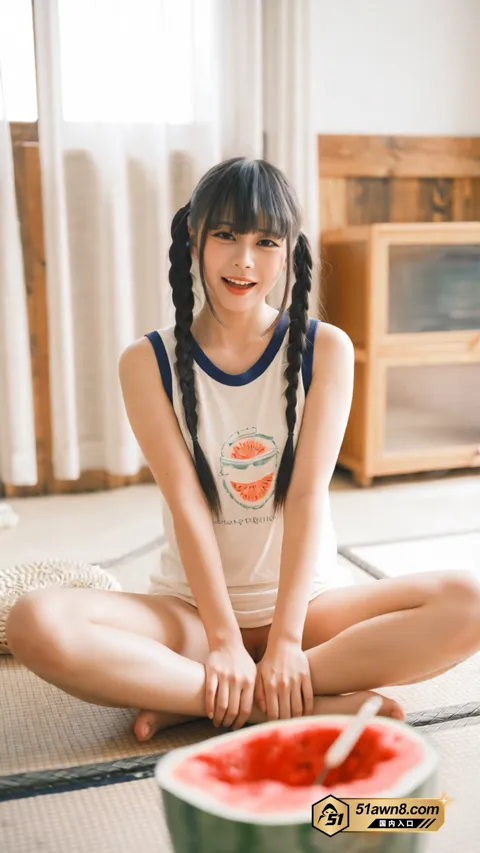 饱饱《饱饱吃西瓜》写真白衣前倾撑地与盘腿细节6 推特摄影大神 铁手叫兽 最新饱饱吃西瓜 饱饱《饱饱吃西瓜》写真白衣前倾撑地与盘腿细节6